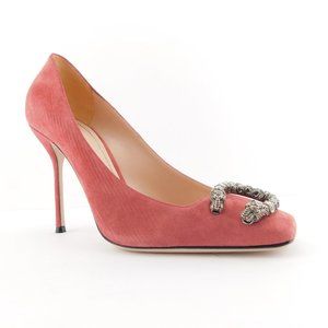New GUCCI Crystal Tiger Snake Buckle Dusty Rose Pink Suede Leather Heel Pump 39